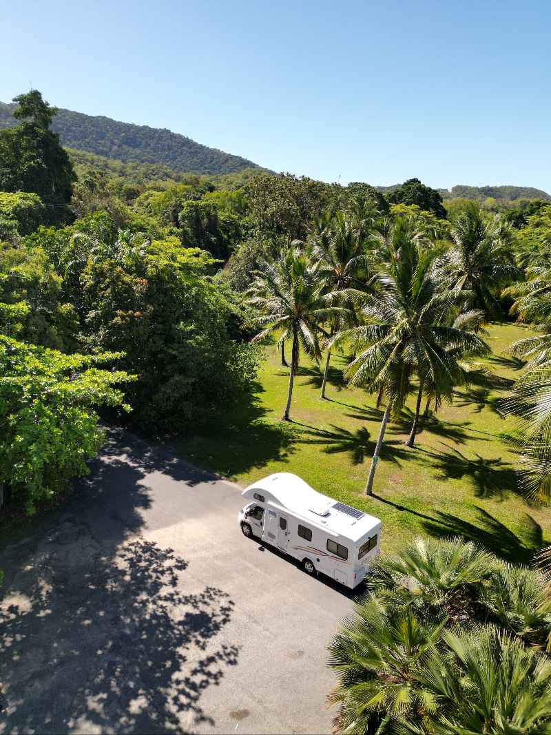 Duży kamper typu motorhome dla 4-6 osób zaparkowany pod palmami w Australii, wyposażony w klimatyzację, kuchnię i pełny węzeł sanitarny.
